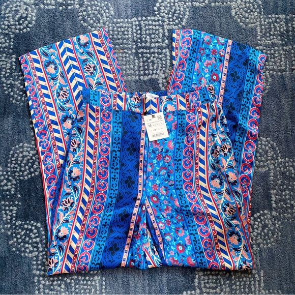 🦋 ZARA BOHO BLUE MULTI TRIBAL SATIN WIDE LEG HIGH WAIST PANTS! - Picture 11 of 16